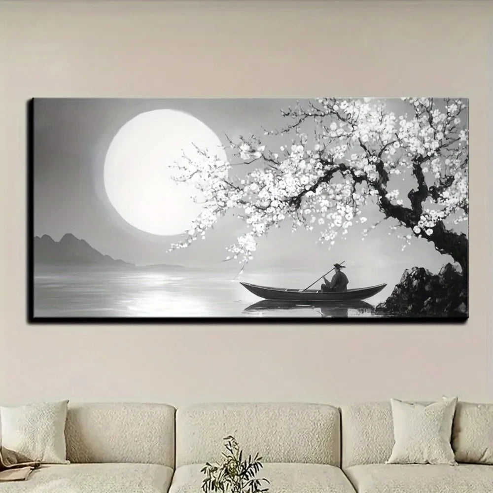 Framed Canvas Wall Decoration Paintings of Flowers Trees and Moon with 1.5 Inch Thick Pine Solid Wood Frame