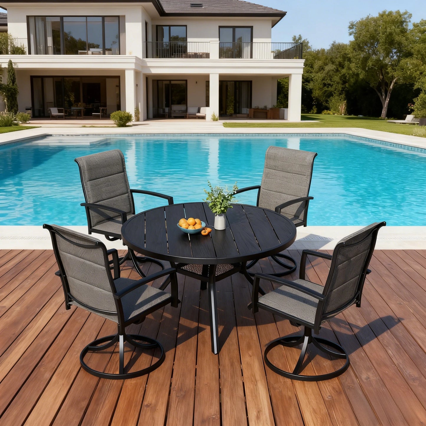 Bigget 5 Piece Dining Set With 42in Round Table Taupe Textilene Swivel Chairs