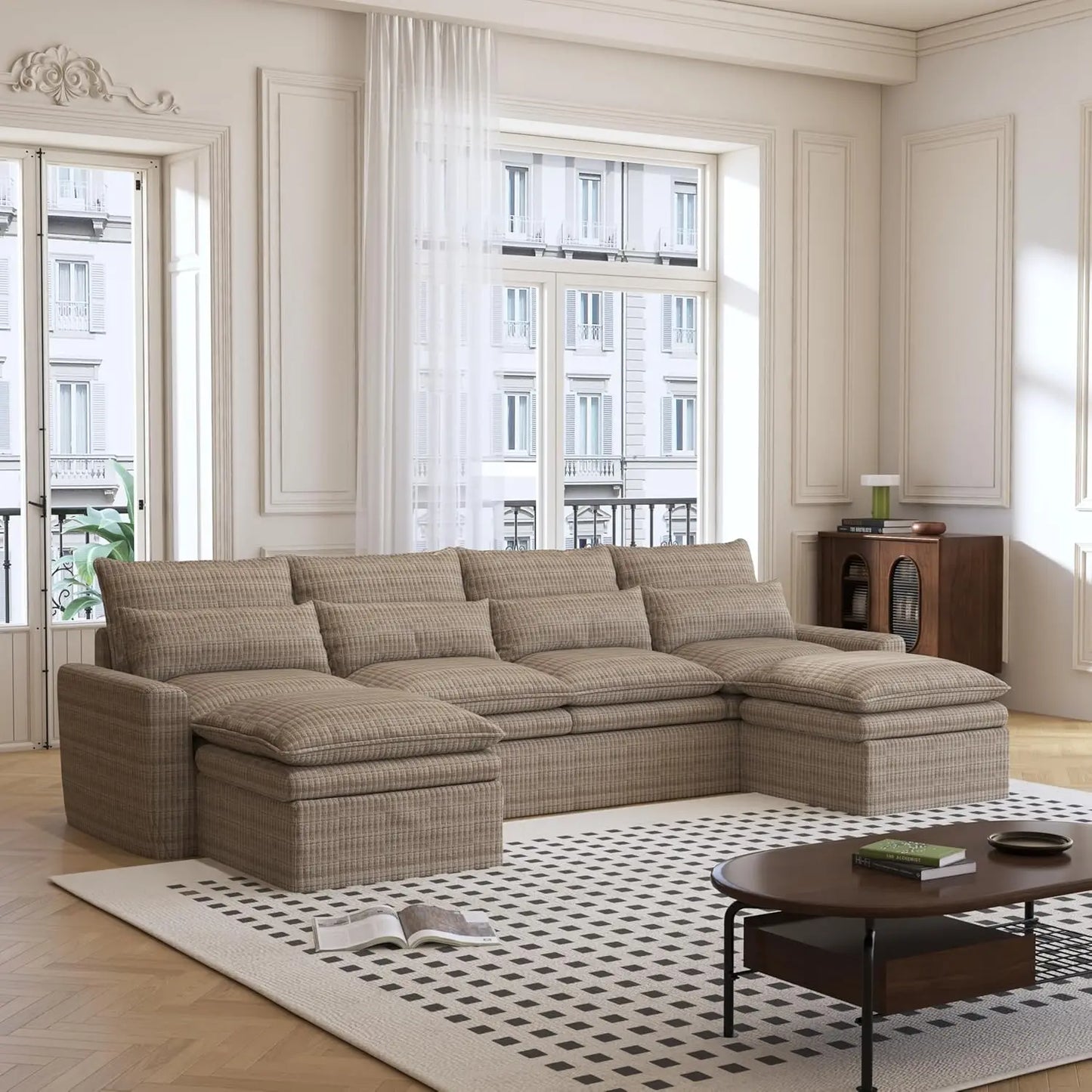 122 Inch U Shaped Modular Sectional Sofa With Movable Ottoman And Covers