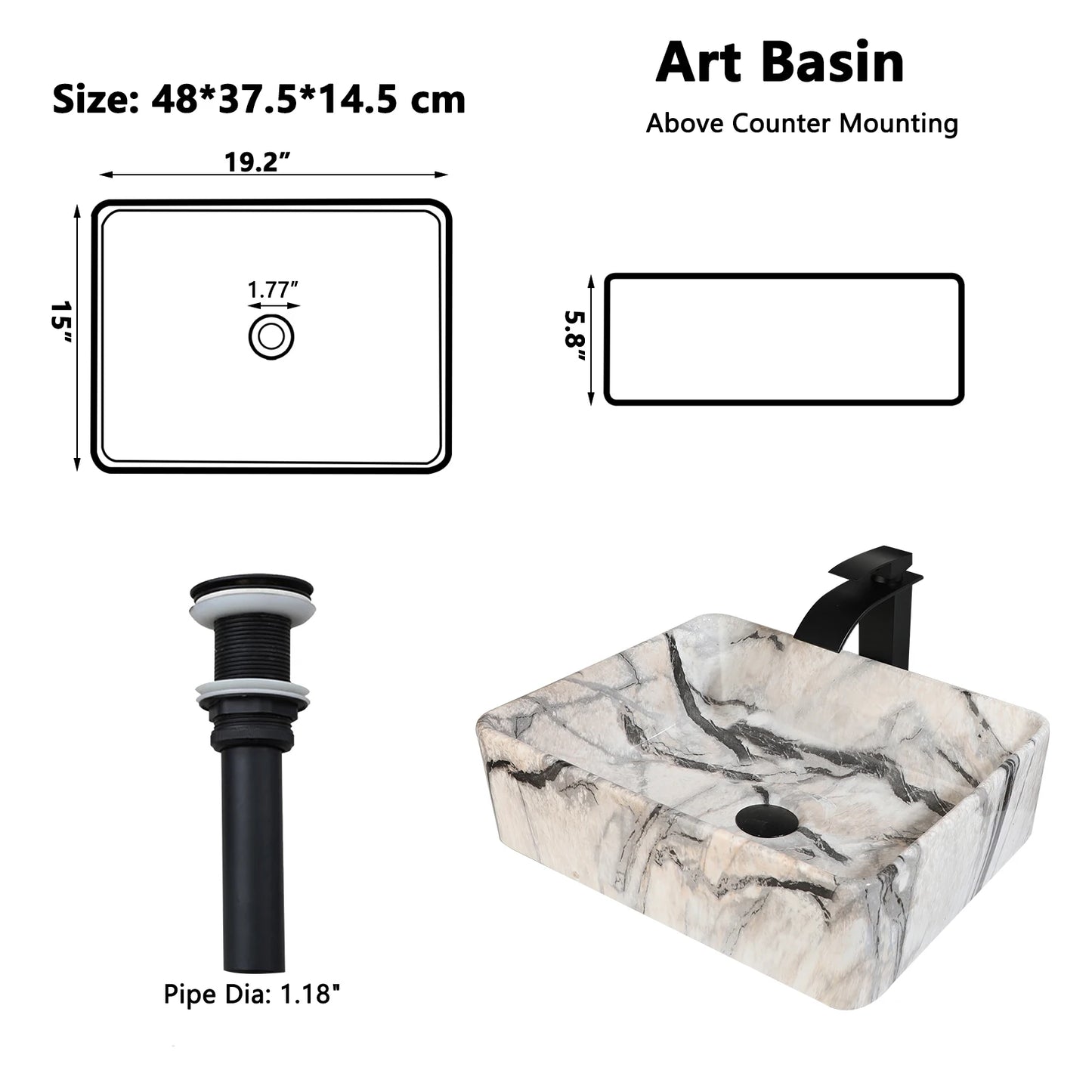 ZAPPO Black Rectangular Vessel Sink with Faucet and Drain