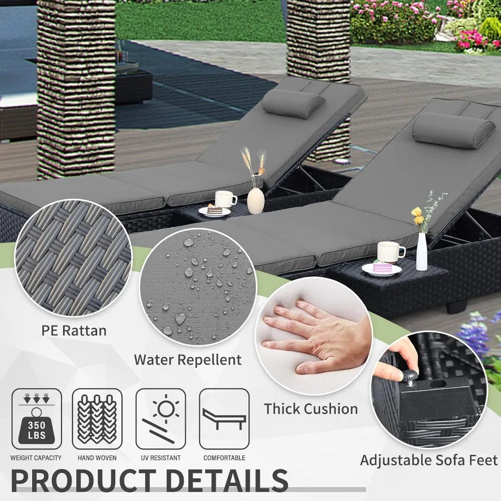 Outdoor Wicker Chaise Lounge Chairs Set Of 2 Reclining Rattan Patio Sun Loungers With Cushion Back Metal Frame For Pool And Patio Black Grey