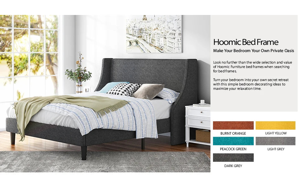 HOOMIC Fabric Upholstered Wingback Platform Bed with Headboard and Wood Slats