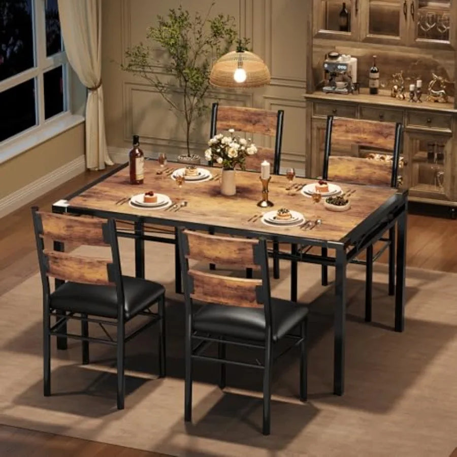 Retro Brown Dining Table Set for 4 with Corner Protector and Upholstered Chairs