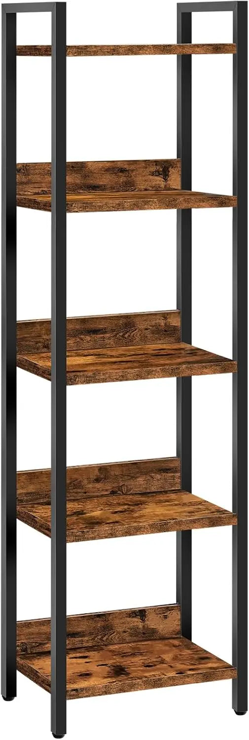 5 Tier Bookcase For Small Spaces Rustic Brown Black Storage Shelf Living Room