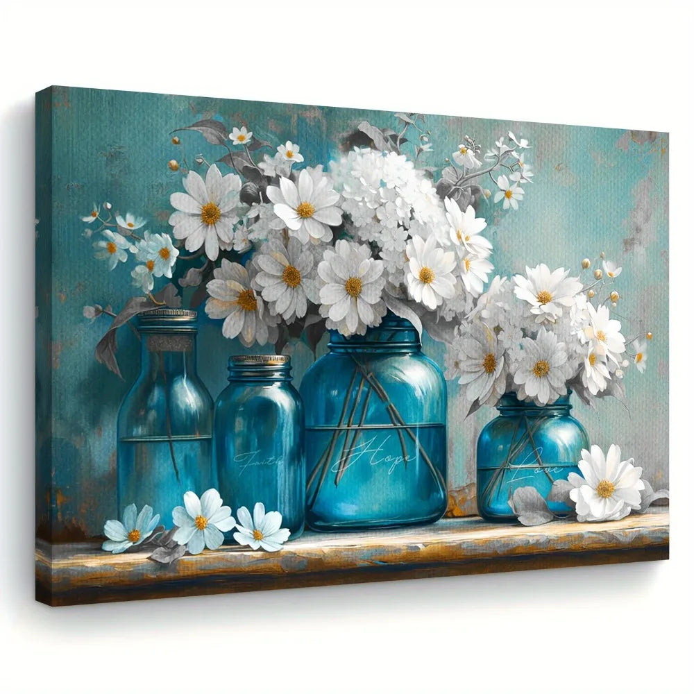 1.5 Inch Blue Vase White Daisy Canvas Wall Art for Home Office Decoration Bedroom Wall Art