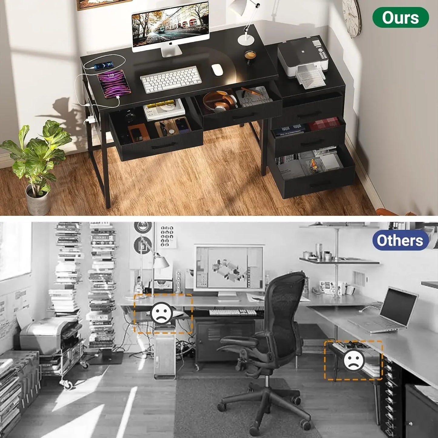Reversible Computer Desk With 5 Drawers And USB Ports