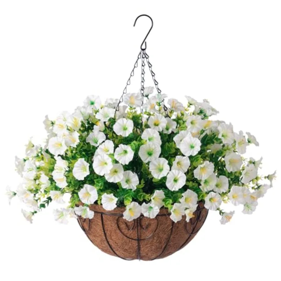 Artificial Hanging Flowers Baskets Decor Faux Silk White Morning Glory UV Resistant