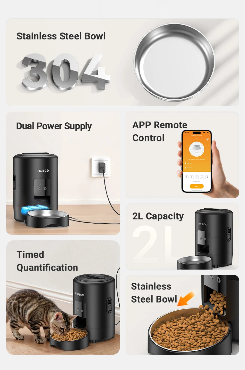 ROJECO 2L Smart Cat Feeder With WiFi App Remote Control