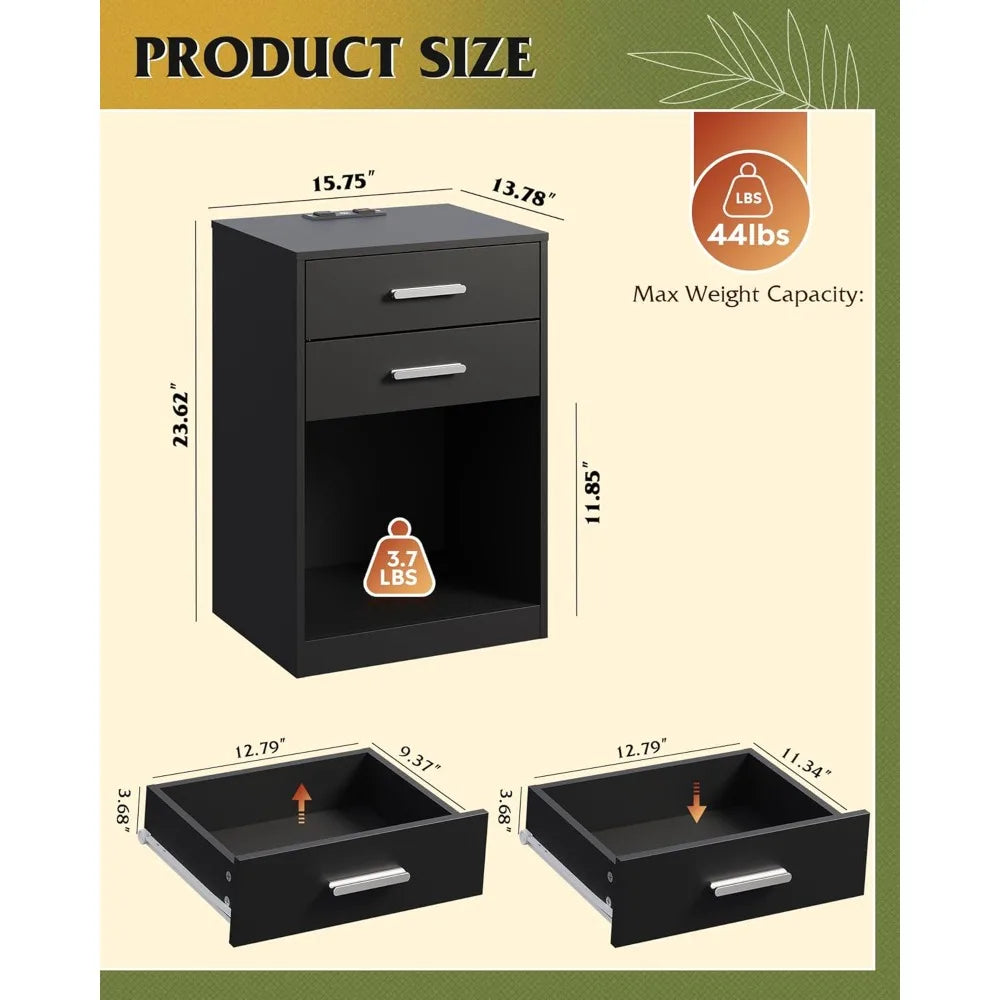 Nightstand Set Of 2 With Charging Station Two Drawers