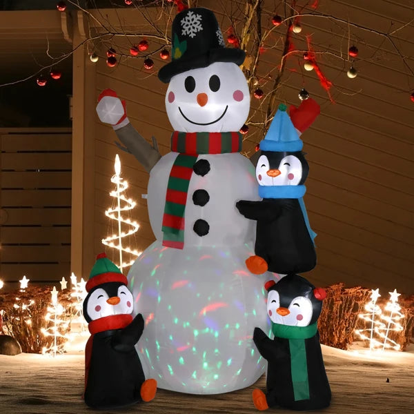 6ft Inflatable Snowman With 3 Penguins And 4 Light Strings