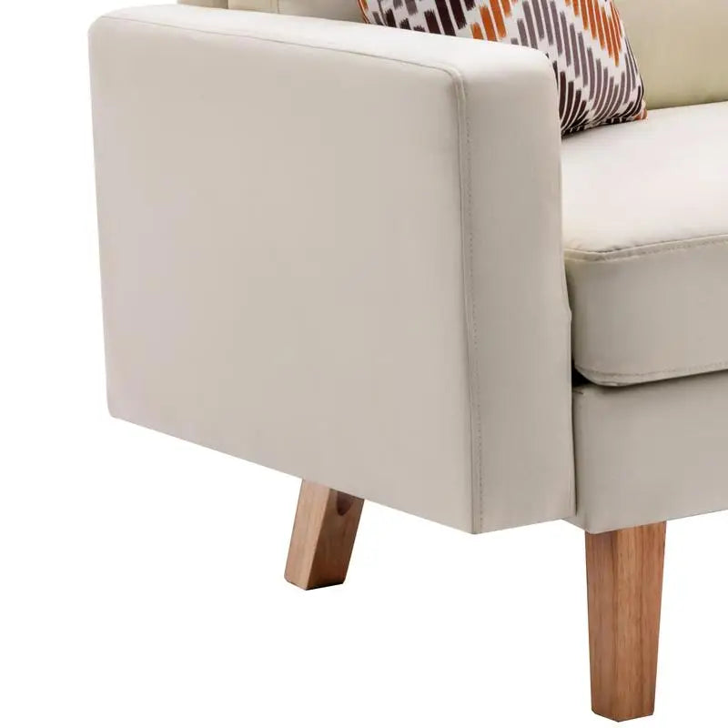 Beige Linen Sofa with 2 Throw Pillows 70 Inch Wide Comfortable Seating for Living Room Modern Design
