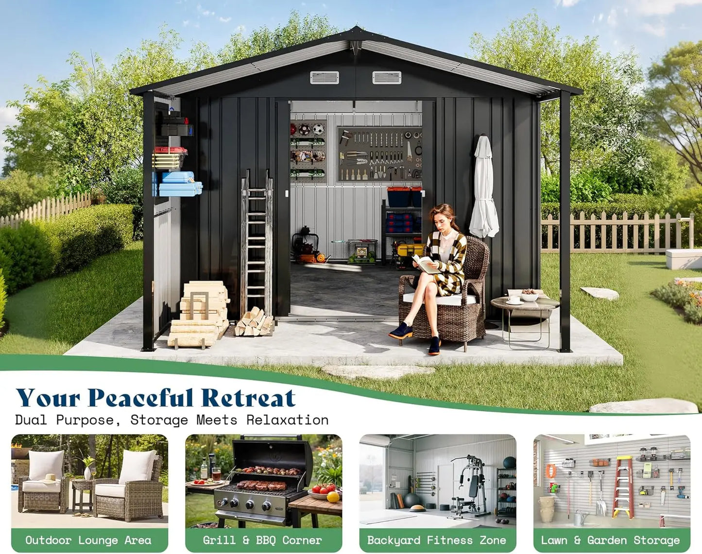 10x16.6x7.3 Ft Outdoor Storage Shed With Lounge Area And Sliding Doors 2 Windows