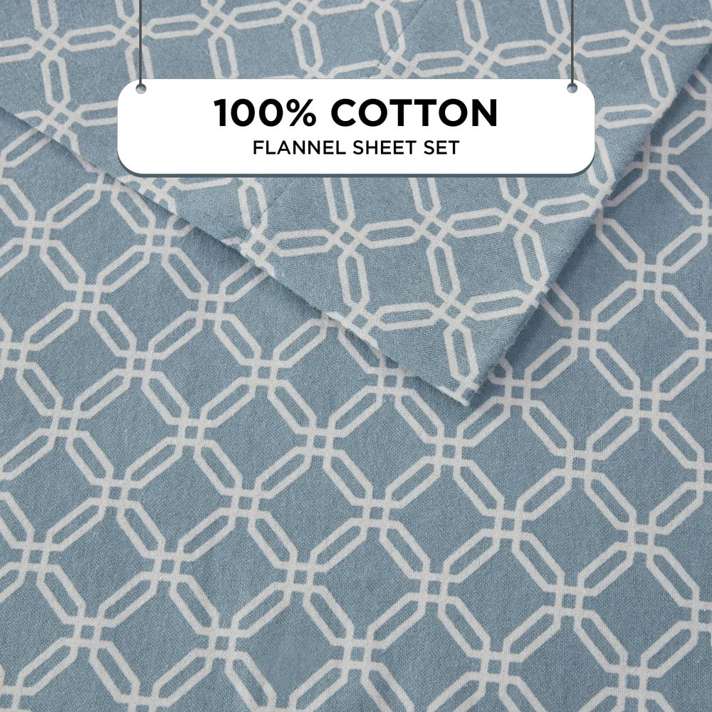 Queen Size Cotton Flannel Sheet Set 4 Piece Blue Geometric