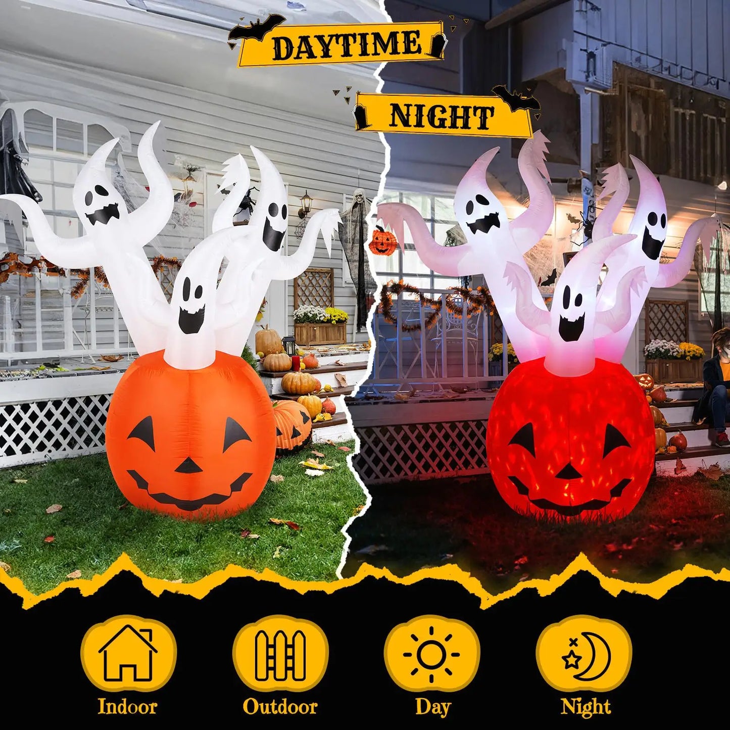 5.9FT Halloween Inflatable Pumpkin Ghost Yard Decor with Lights - Spooky Blow-Up Outdoor Decorations for holiday Parties