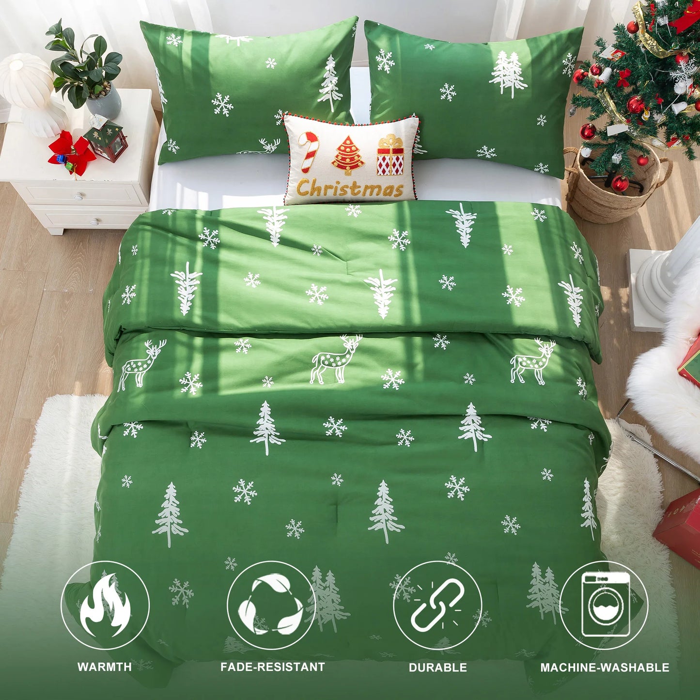 Soft PolyCotton Queen Comforter Set Christmas Reindeer Sham