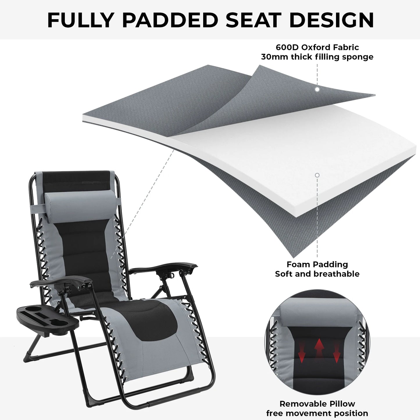 Padded Zero Gravity Lounge Chair Folding Patio Recliner with Adjustable Headrest and Cup Holder Support 160kg Sun Loungers