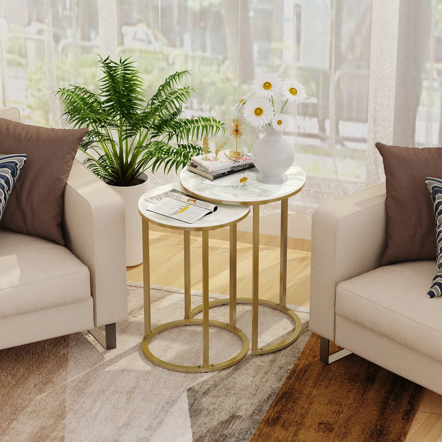 Set Of 2 Sintered Stone Round Nesting Tables Living Room