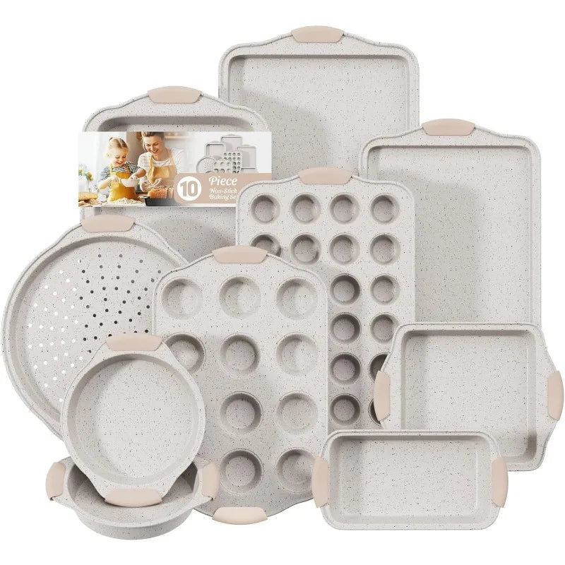 11 Piece Nonstick Baking Pans Set Stackable Bakeware Set Toxin Free Baking Set with Silicone Handles Includes Cookie Sheets Cake Pan Loaf Pan Pizza Pan Muffin Pan