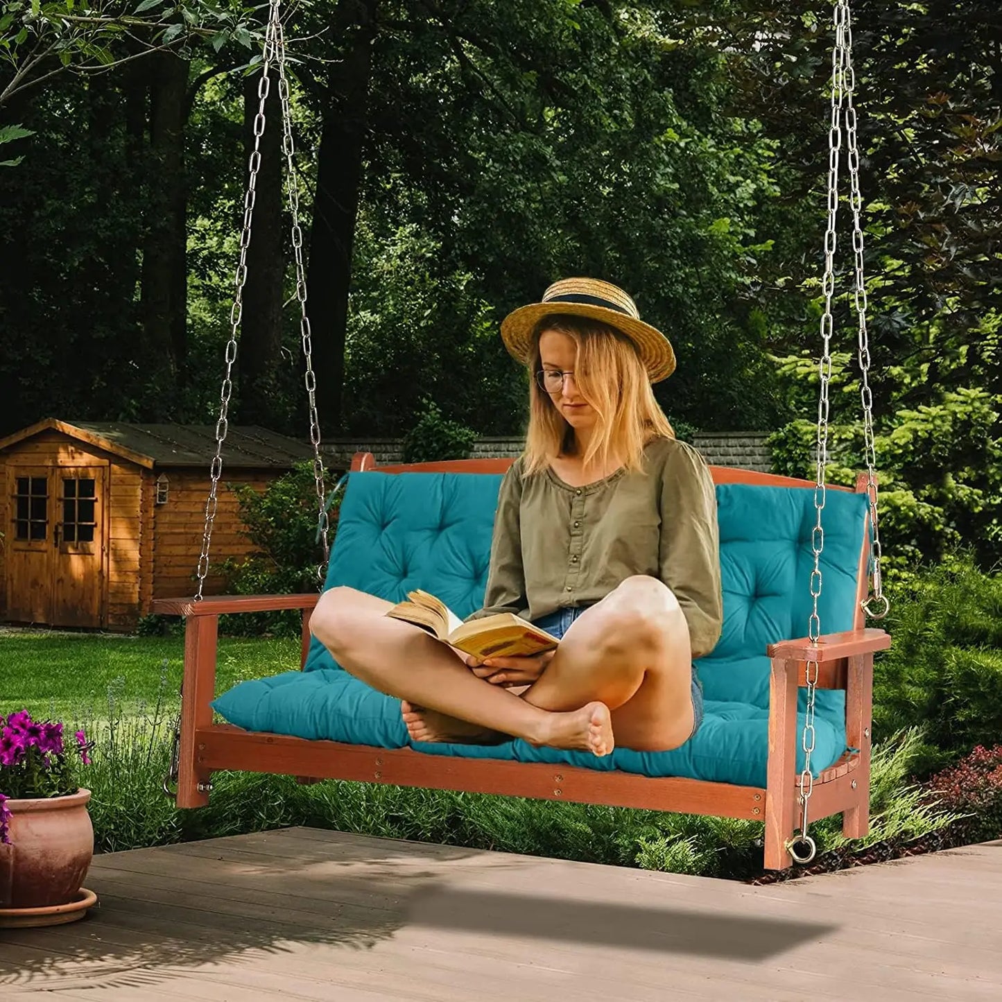 Thick 4 Inch Outdoor Swing Seat Cushion With Backrest And Ties For Patio Porch
