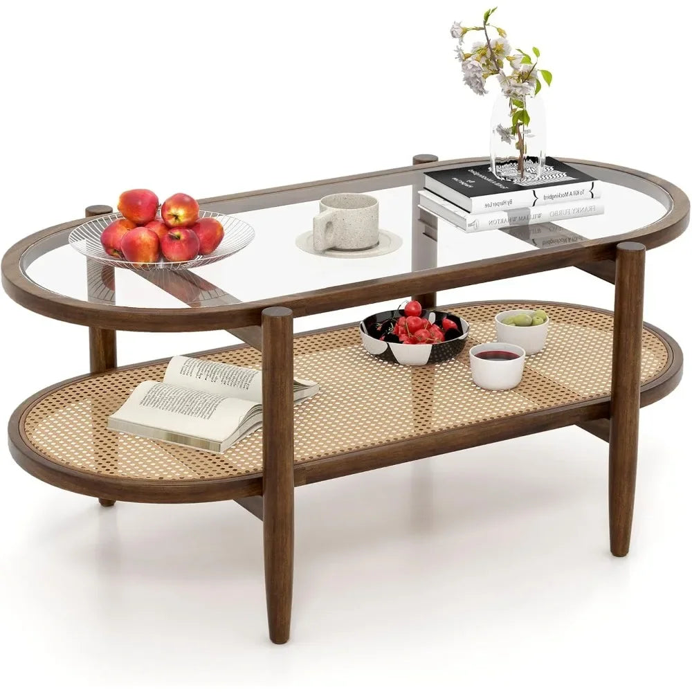 Rattan Coffee Table 2 Tier Acacia Wood With Glass Top Shelf