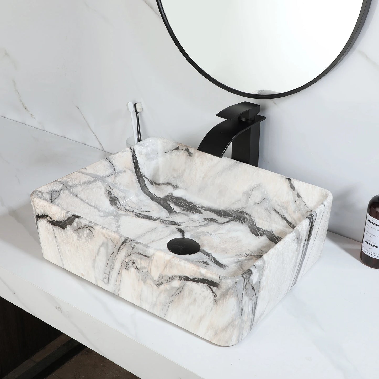 ZAPPO Black Rectangular Vessel Sink with Faucet and Drain