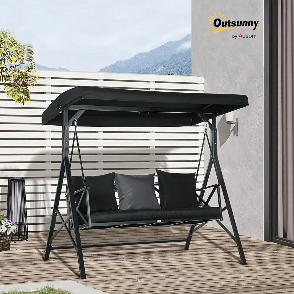 3 Seat Patio Swing with Cushions and Pillows Adjustable Glider Black