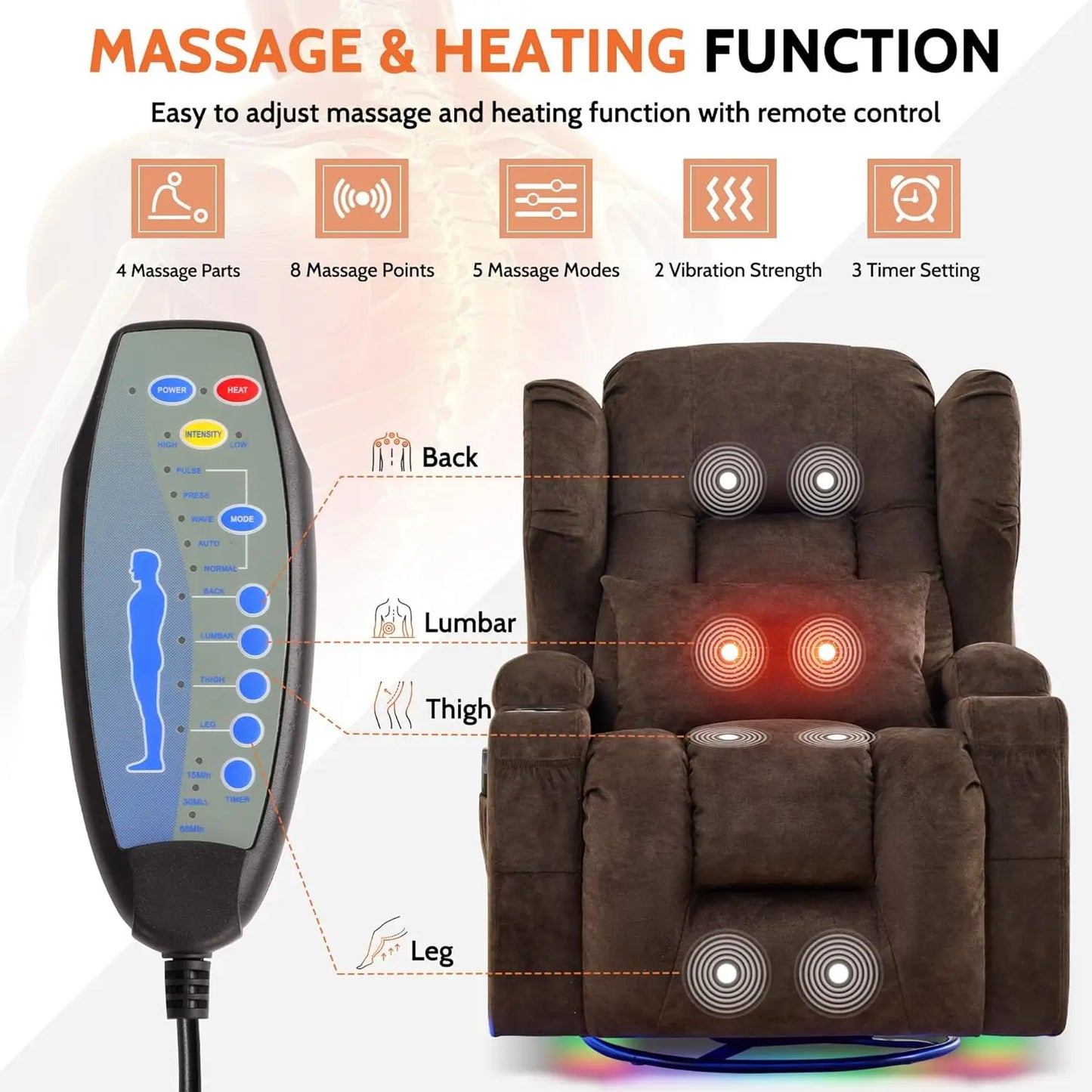 Dual Motor Power Wall Hugger Swivel Rocker Recliner Chair With Massage And Heat