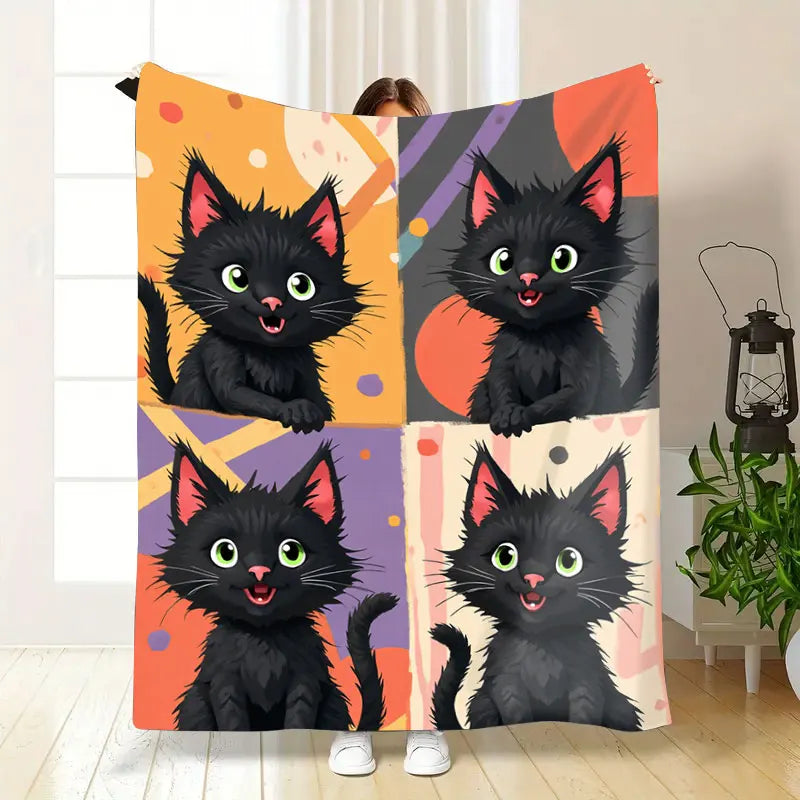 Flannel Blanket Black Cat Print Cozy Halloween Kids Decor