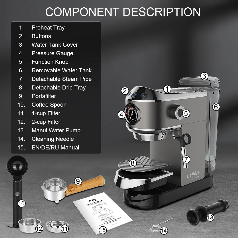BioloMix 20 Bar Semi Automatic Powder Coffee Machine with Milk Steam Frother for Espresso Cappuccino Latte and Mocha