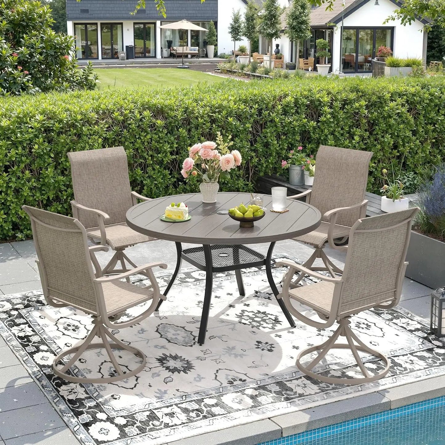 5 Piece Outdoor Dining Set With 4 Textilene Swivel Chairs And 40.6 Black Table