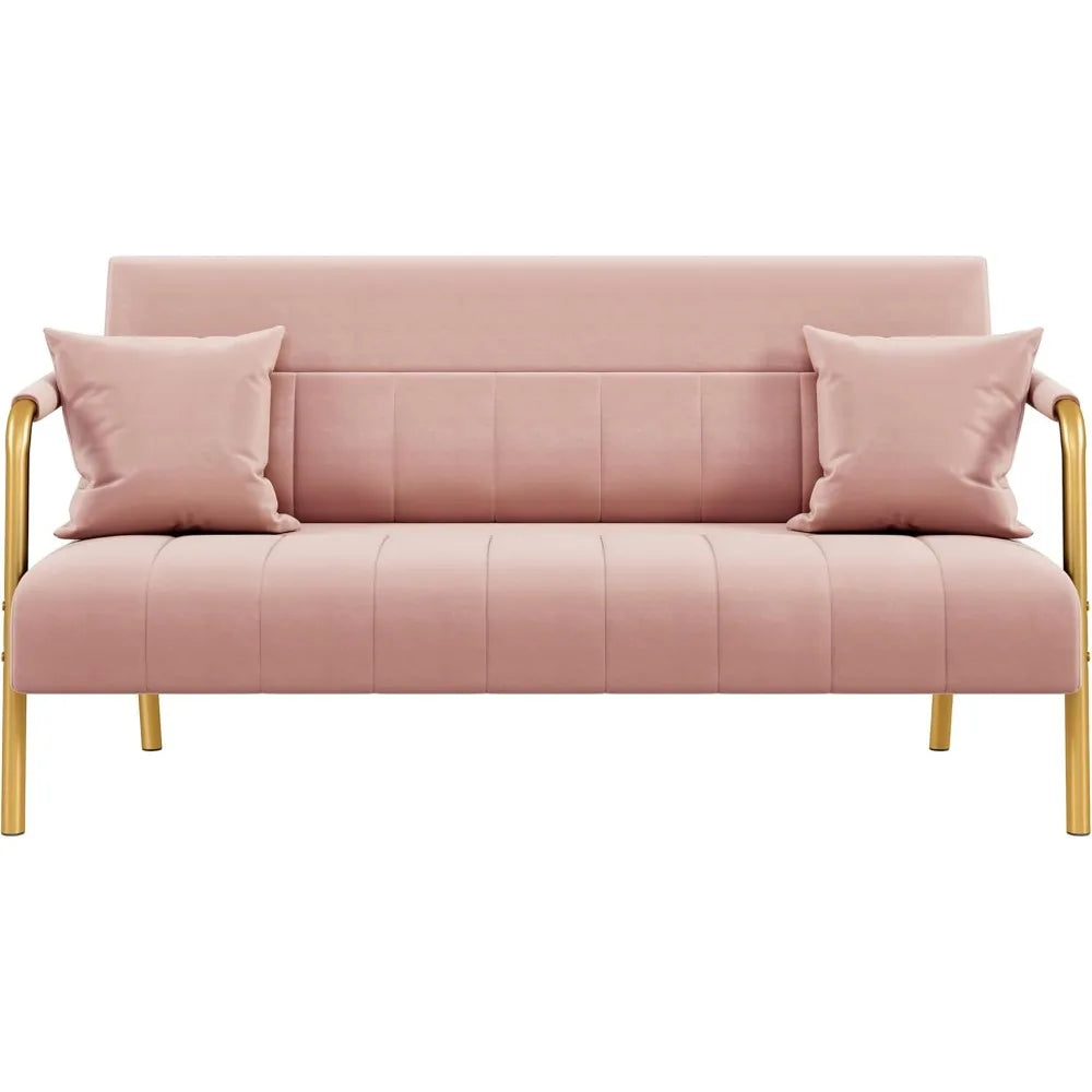 Luxurious Velvet Sofa 56.5 Inches With Gold Tone Metal Arms For Living Room