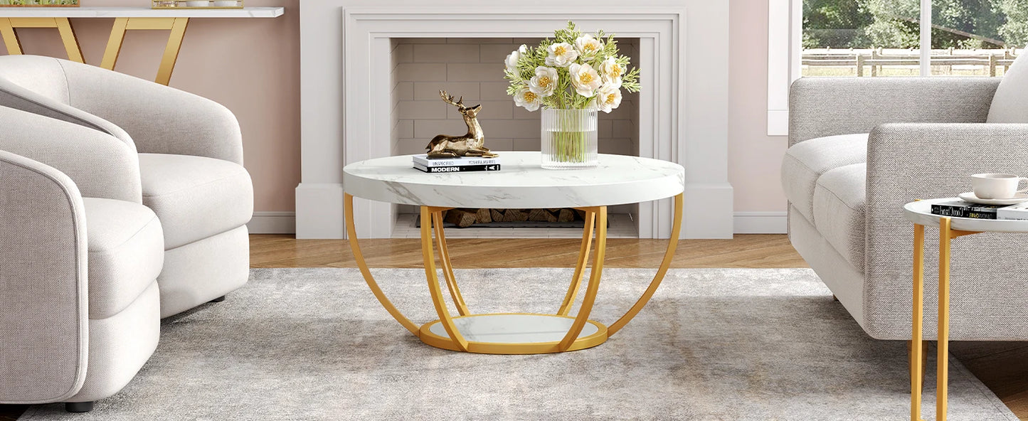 32 Inch Circle Marble Coffee Table With 2 Tier Gold Metal Legs Open Storage