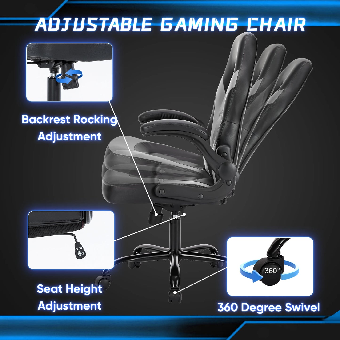 Ergonomic PU Leather Gaming Chair With Adjustable Flip Up Armrests For Office