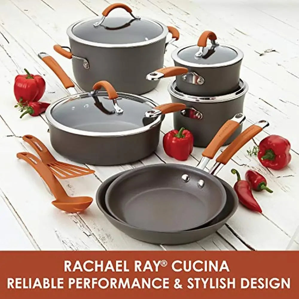 Hard Anodized Nonstick Cookware Set 12 Piece Gray Orange Handles Saucepans Stockpot Frying Pan Sauté Utensils Shatter Resistant