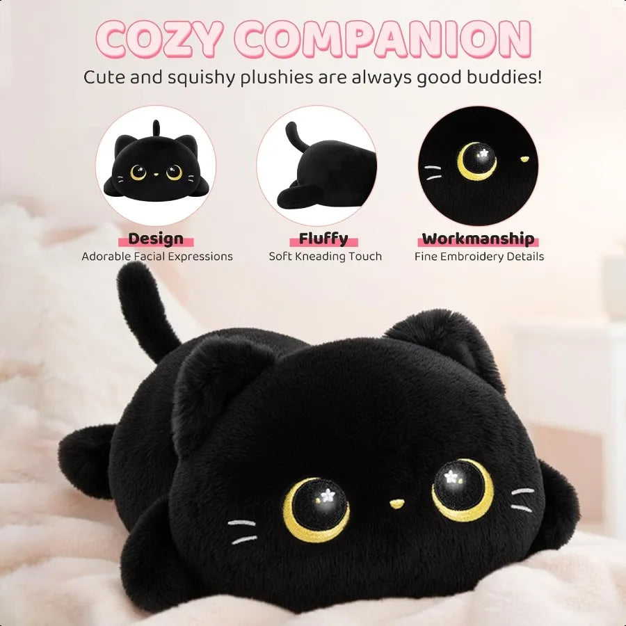 Cute Black Cat Plush Pillow Kawaii Plushies Stuffed Animals Squishy Cuddle Pillow for Girls 13 Inch