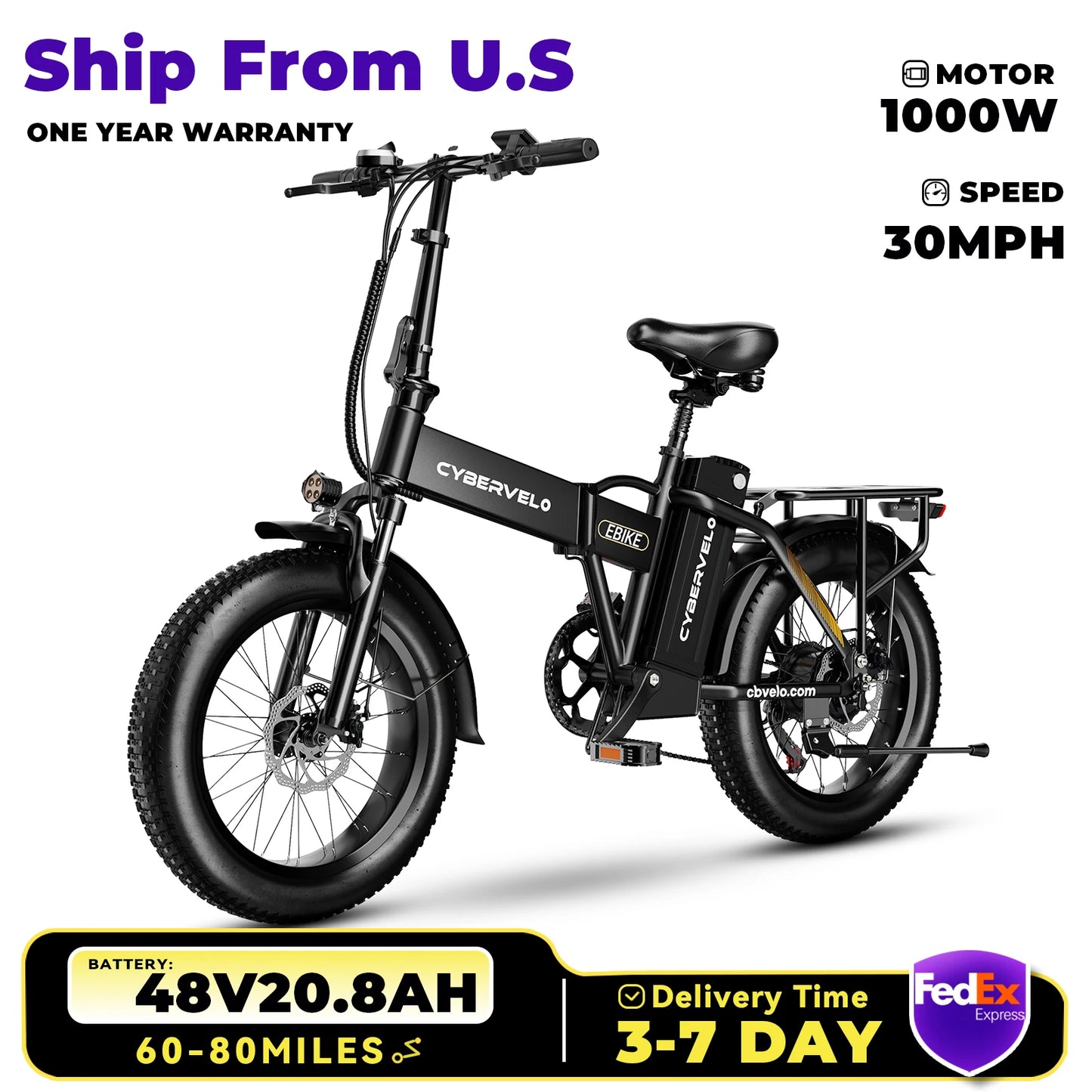 1000W Folding Electric Bike With Removable 48V 20Ah Battery
