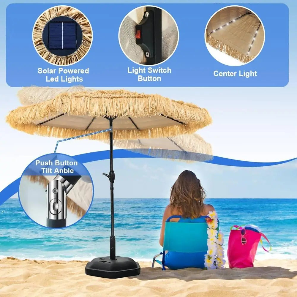 Hawaiian Inspired 9 Foot Solar Thatch Umbrella With 32 LEDs UPF 50 Plus Patios