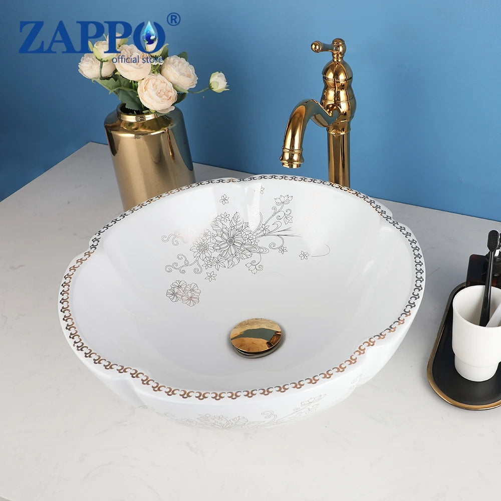 ZAPPO Ceramic Sink Above Counter Round Petal Pattern Faucet