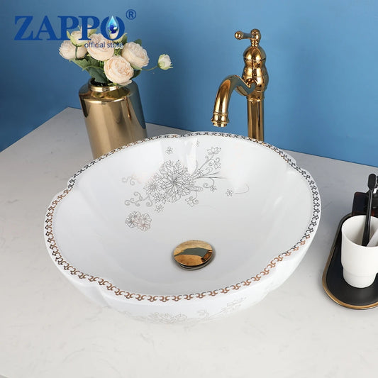 ZAPPO Ceramic Sink Above Counter Round Petal Pattern Faucet
