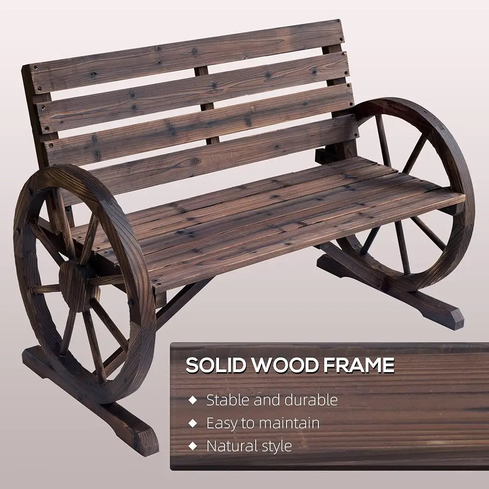 41 Inch Wooden Wagon Wheel Bench Rustic Outdoor Patio Weather Resistant 2 Person Slatted Seat With Backrest Carbonized Finish