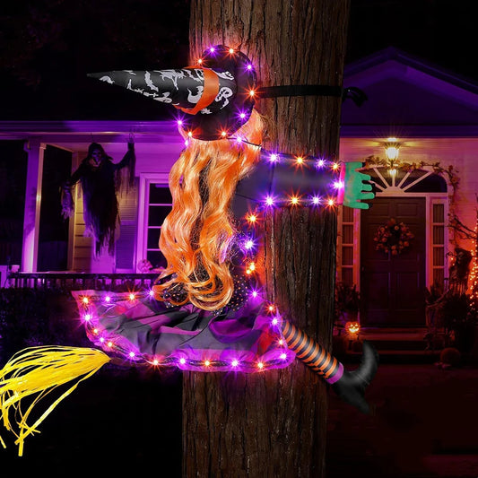 Halloween Crashing Witch Into Tree Outdoor Decoration With Light Flying Witch Lawn Patio Garden Decor