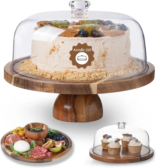 Acacia Wood Cake Stand Acrylic Lid 12 Inch Dessert Display