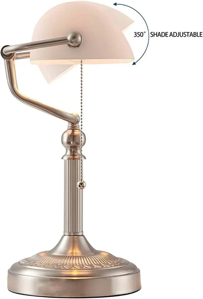 Classical Green and White Glass Bankers Desk Lamp with Zipper Switch for Living Room Bedroom and Bedside Sofa Table