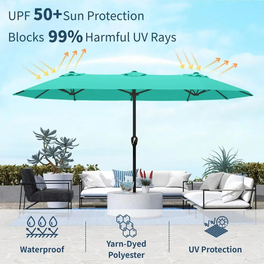 Double Sided Patio Umbrella With Base Included Crank Handle UV Resistant Canopy