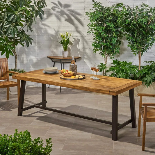 Great Deal Furniture Beau Outdoor Eight Seater Teak Wood Dining Table Rustic Metal Finish