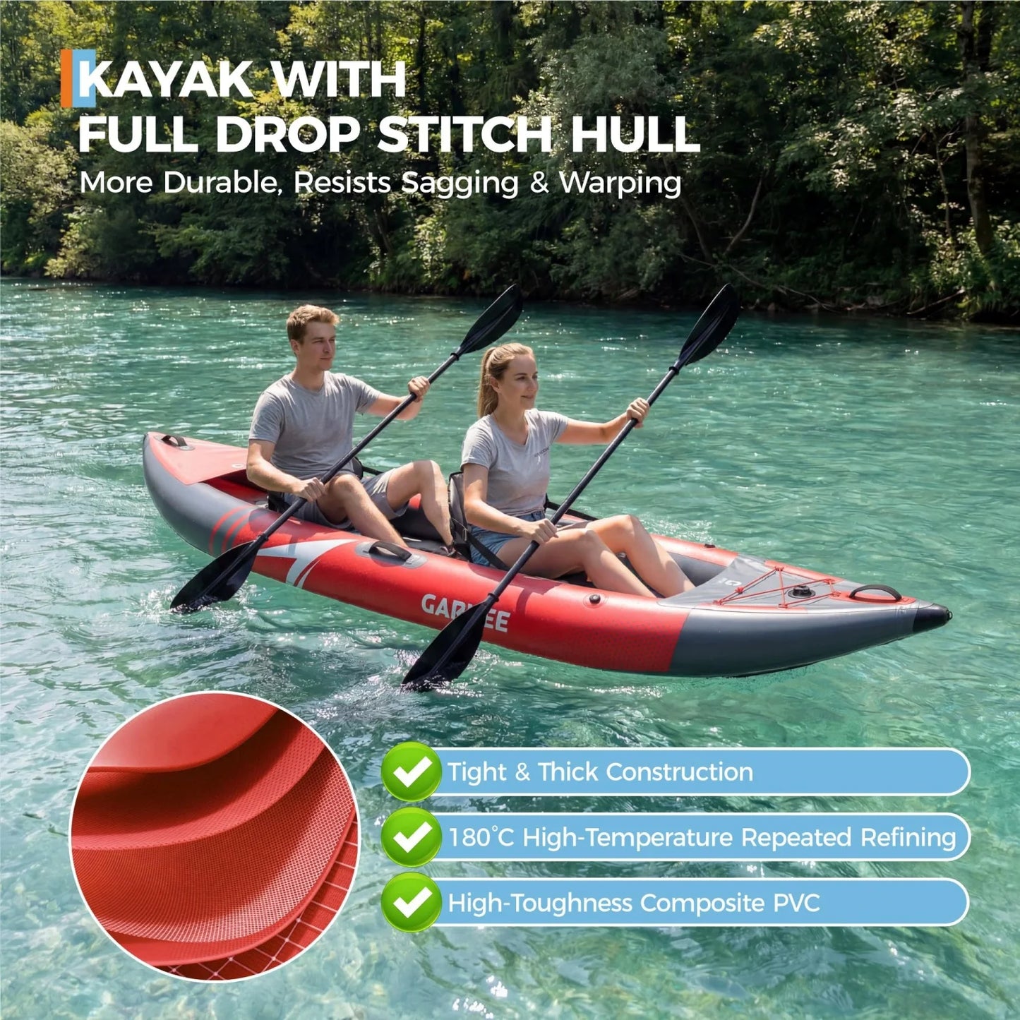 Two Person Inflatable Kayak For Fishing And Touring With Padded Seat And Fins