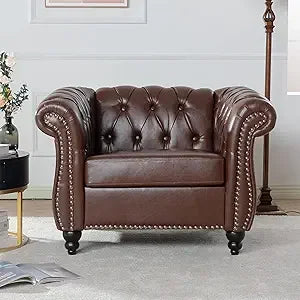 Leather Chesterfield Chair Mid Century Modern Tufted Rolled Armchair For Home