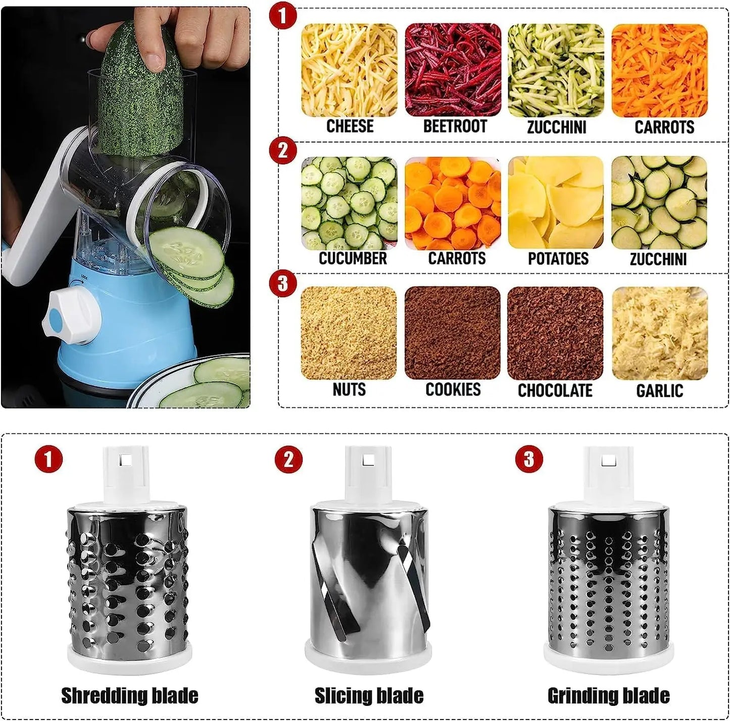 Rotary Cheese Grater 3 in 1 Veg Shredder 3 Drum Blades