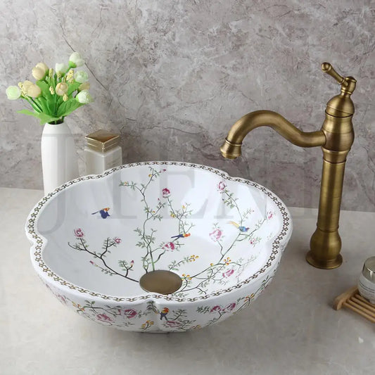 Jieni Art Ceramic Basin Set Blossoms Spring Brass Tap