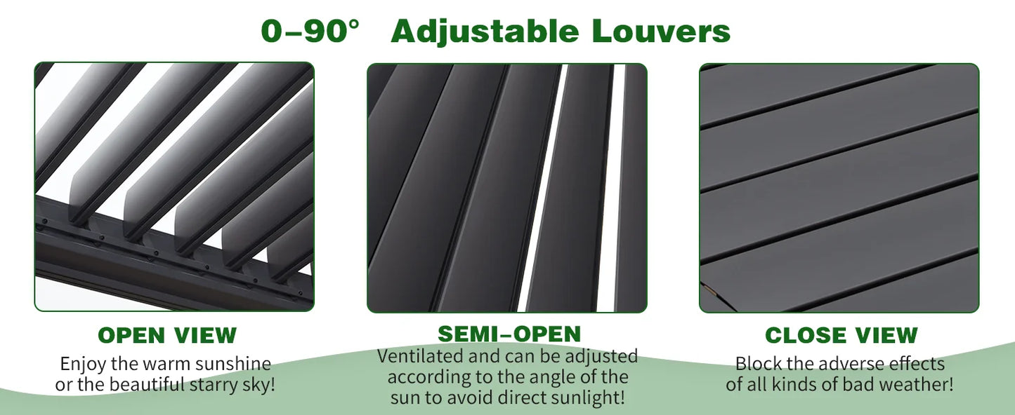 10x12 Aluminum Louvered Pergola With Adjustable Louvered Roof and Waterproof Curtains Outdoor Small Pergola